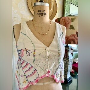 Hand made Vintage White and Pink Embroidered Women's vest Top, 1 of a kind BOHO